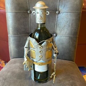 Metal Wine Bottle Holder Caddy Fisherman Holding Fish and Fishing Pole 12 Inches